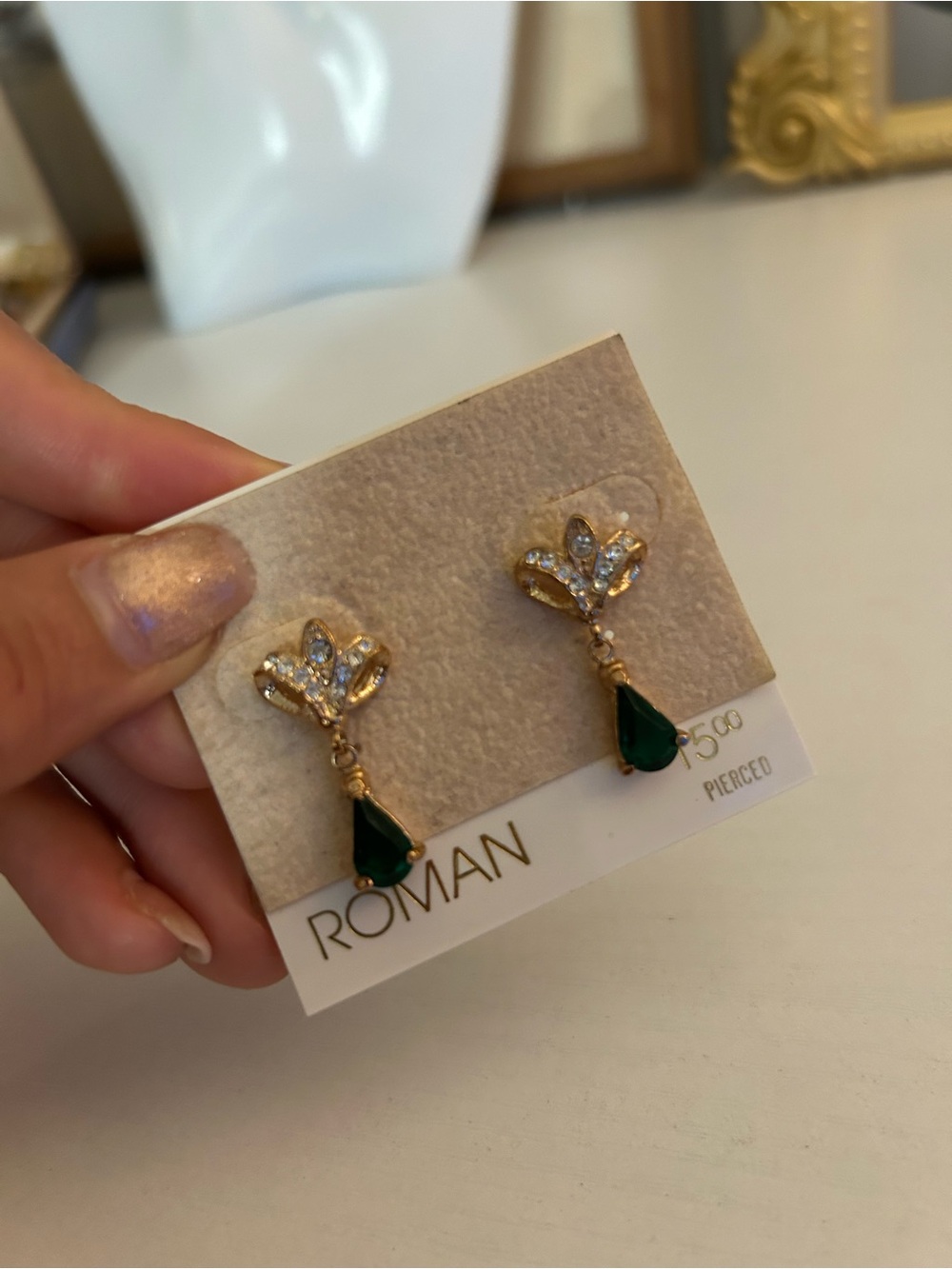 Roman Gold and Emerald Drop Crystal Earrings